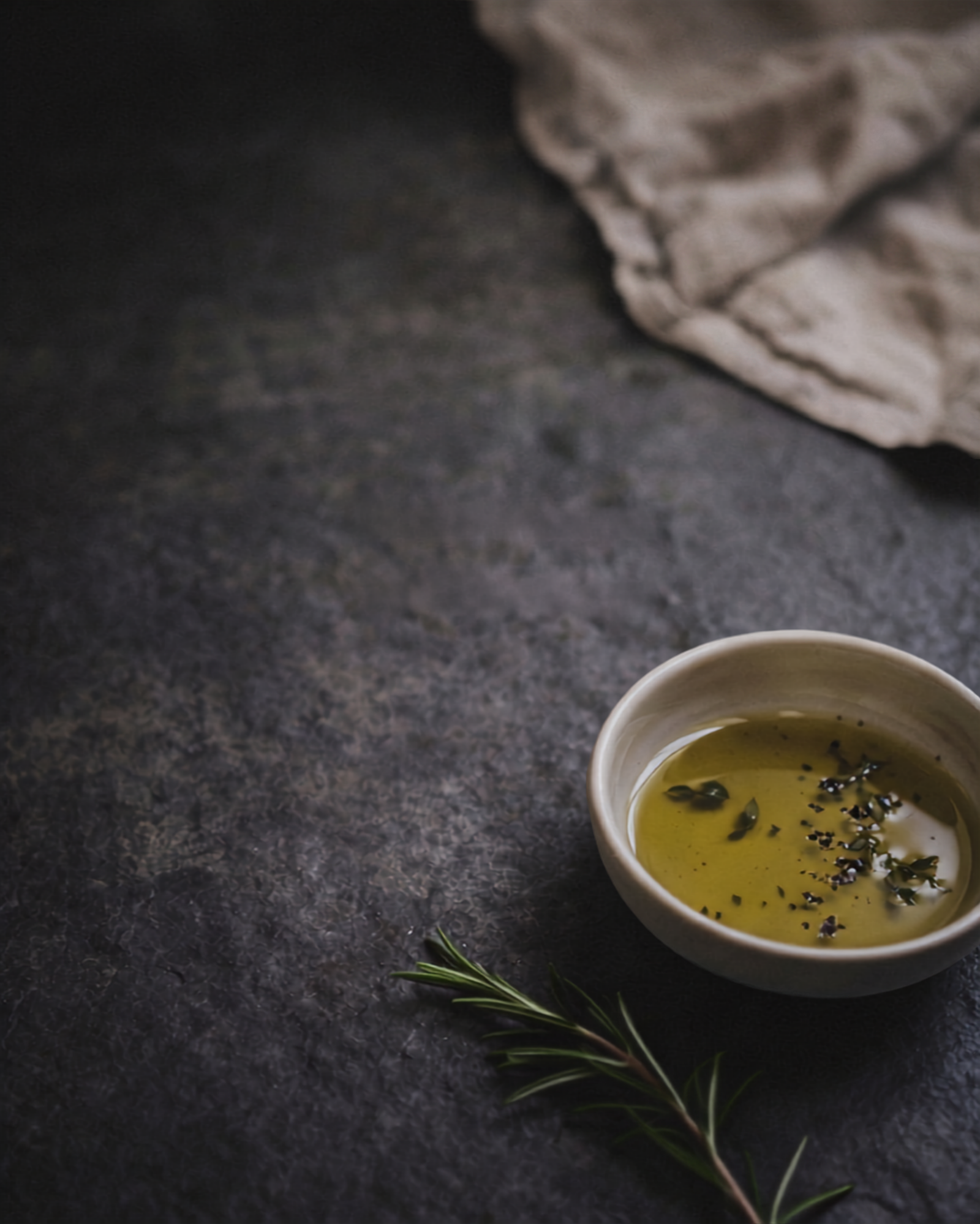 A bowl of olive oil with rosemary and herbs